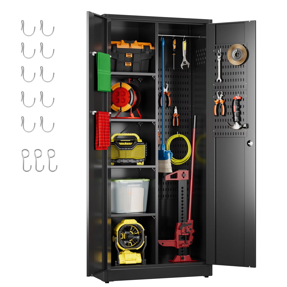 GAEANET 2 Door Metal Storage Cabinet with 5 Adjustable Shelves &Pegboard, 71" H"32" W"16" D Locking Steel Garage Cabinet, for Garage,Office,Home,Gym,School, File Cabinet,Assembly Required, Black