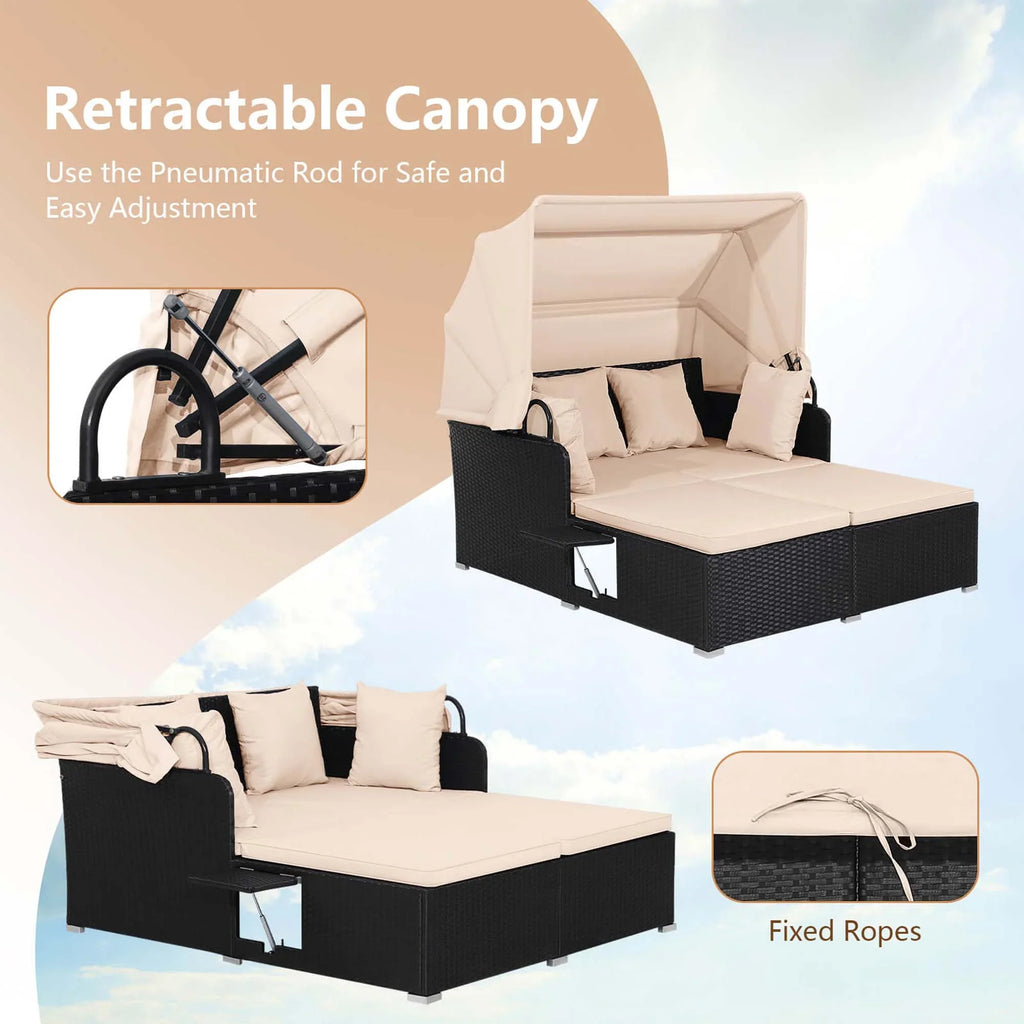 Costway Patio Rattan Daybed Lounge Retractable Top Canopy Side Tables Cushions Red