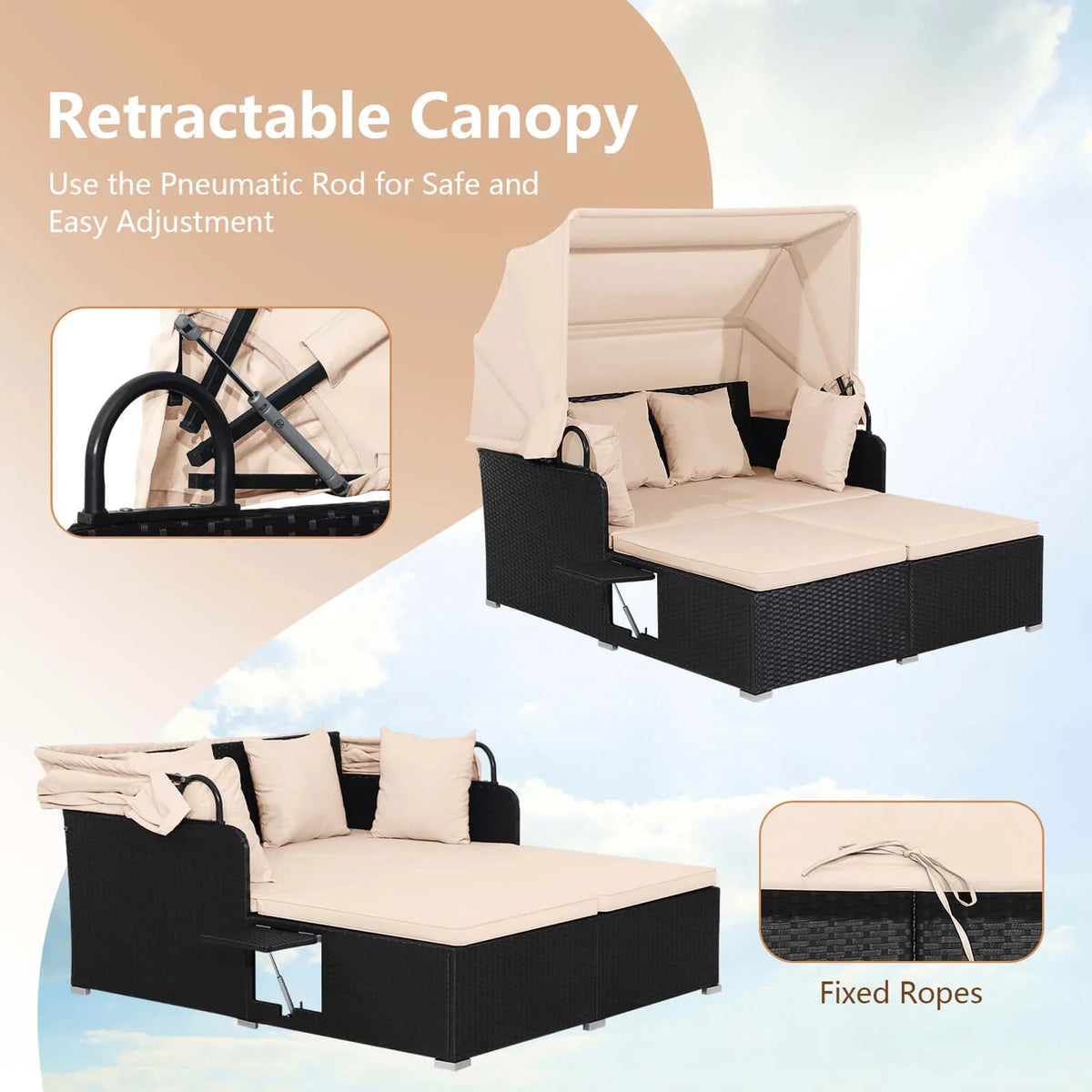 Costway Patio Rattan Daybed Lounge Retractable Top Canopy Side Tables Cushions Red