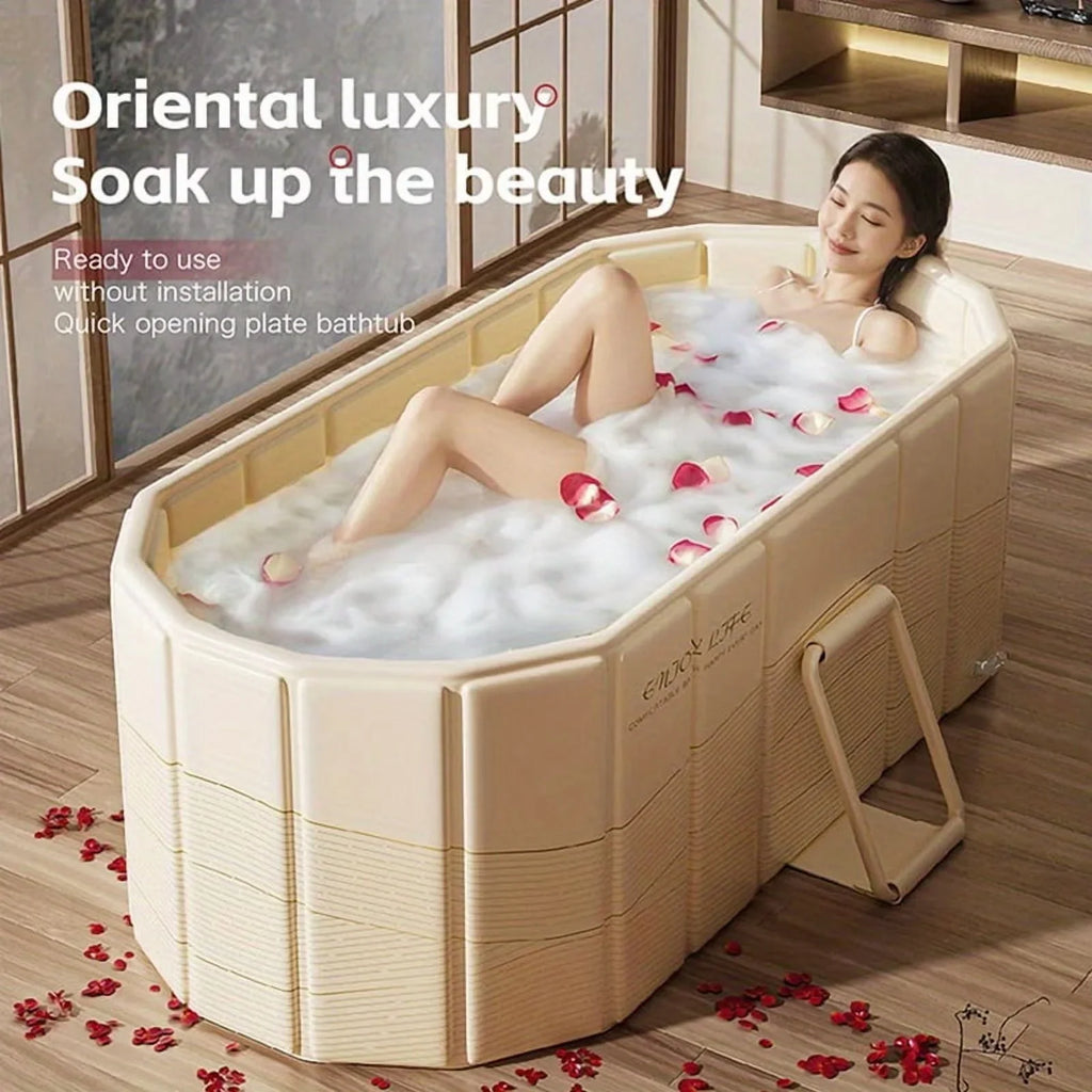 Foldable Portable Hot Tub - Large Collapsible Spa with Non-Slip Mat, 5 Bath Bags & Drain Pipe - Perfect for Adults & Families