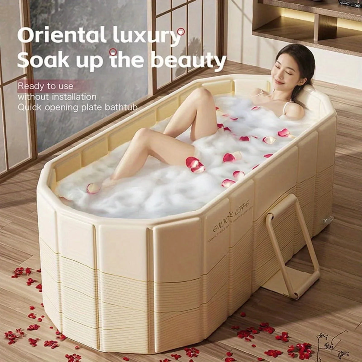 Foldable Portable Hot Tub - Large Collapsible Spa with Non-Slip Mat, 5 Bath Bags & Drain Pipe - Perfect for Adults & Families