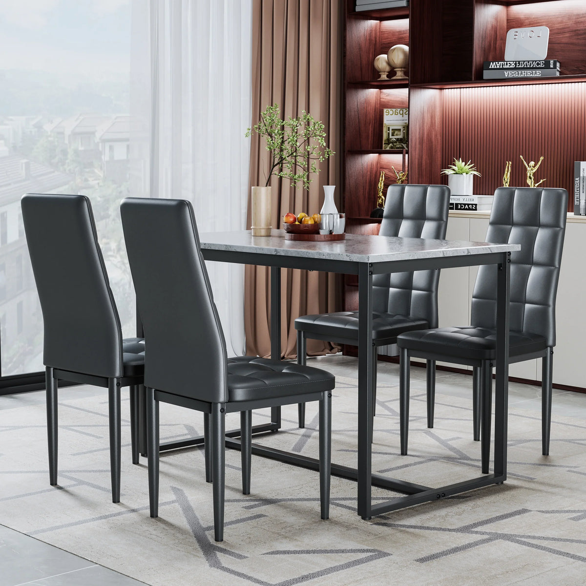 Seizeen Solid Wood Kitchen Table and Chairs, Dining Room Table Set for 4 with Gray Upholstered Chairs, Wood Grain Table Heavy-Duty Frame, Rustic Minimalist Style Breakfast Nook Set