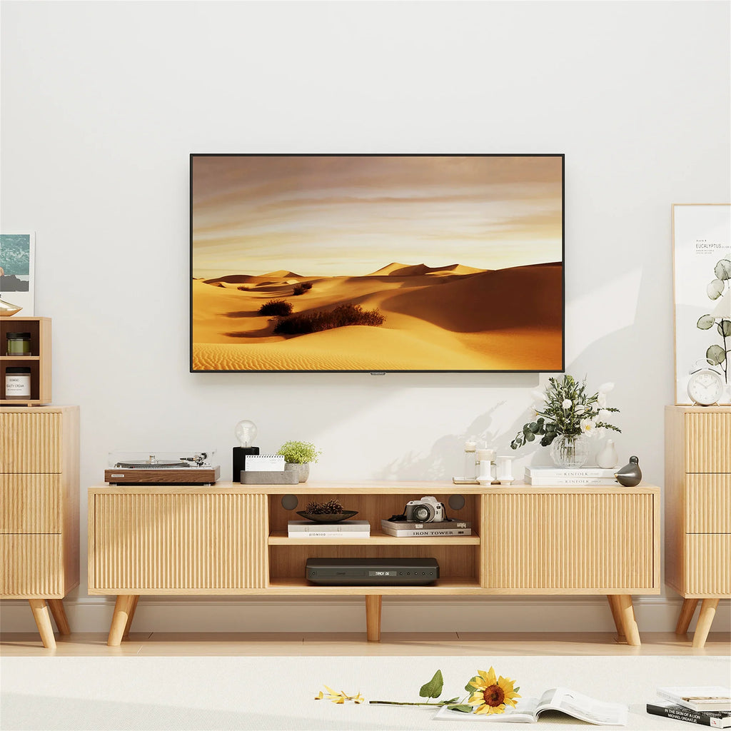 Planntonneo Mid-Century Modern Fluted TV Stand Wooden Media Console Entertainment Center for Living Room, Walnut Color