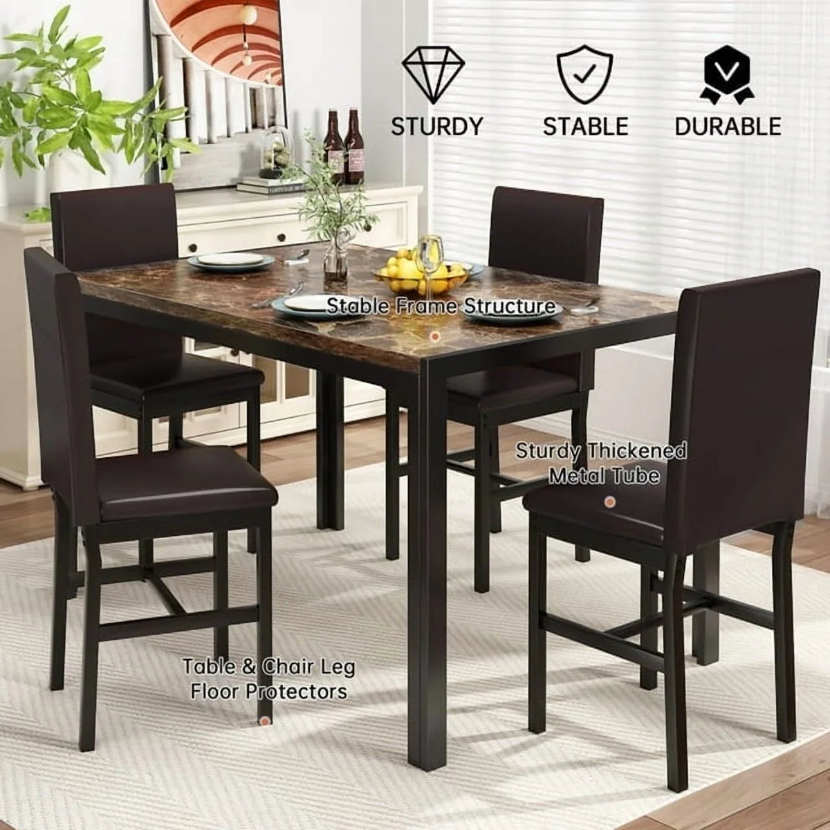 AWQM Dining Table Set of 4, Faux Marble 5 Piece Dining Room Table Set with PU Leather Chairs, Rectangular Kitchen Table Set for Apartment, Dining, White