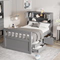 Euroco Wood Twin Size Platform Bed with Storage Headboard, Captain Bed with 4 Drawers, Bookcase and Cabinets, Gray