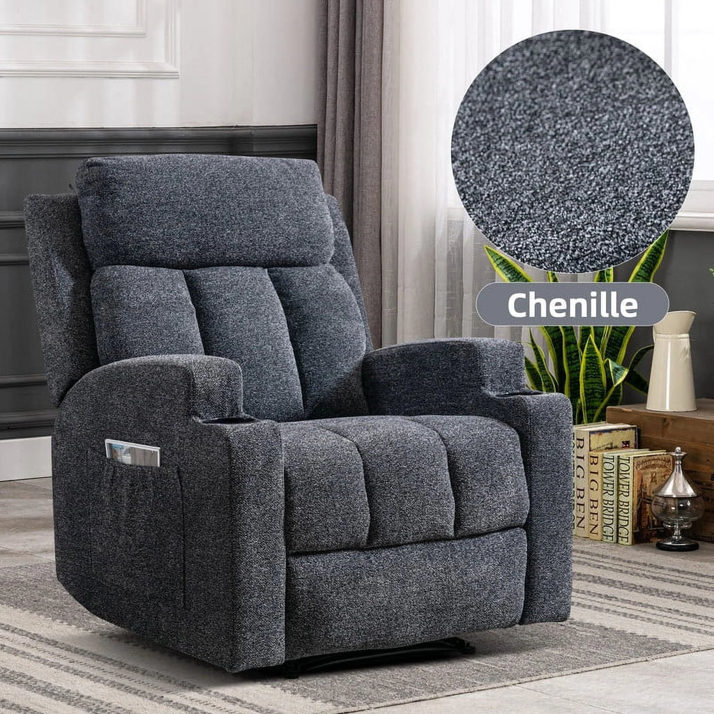 Bonzy Home Heated Manual Massage Recliner with Cup Holder Padded Breathable Fabric Recliner, Home Theater Seating"Navy