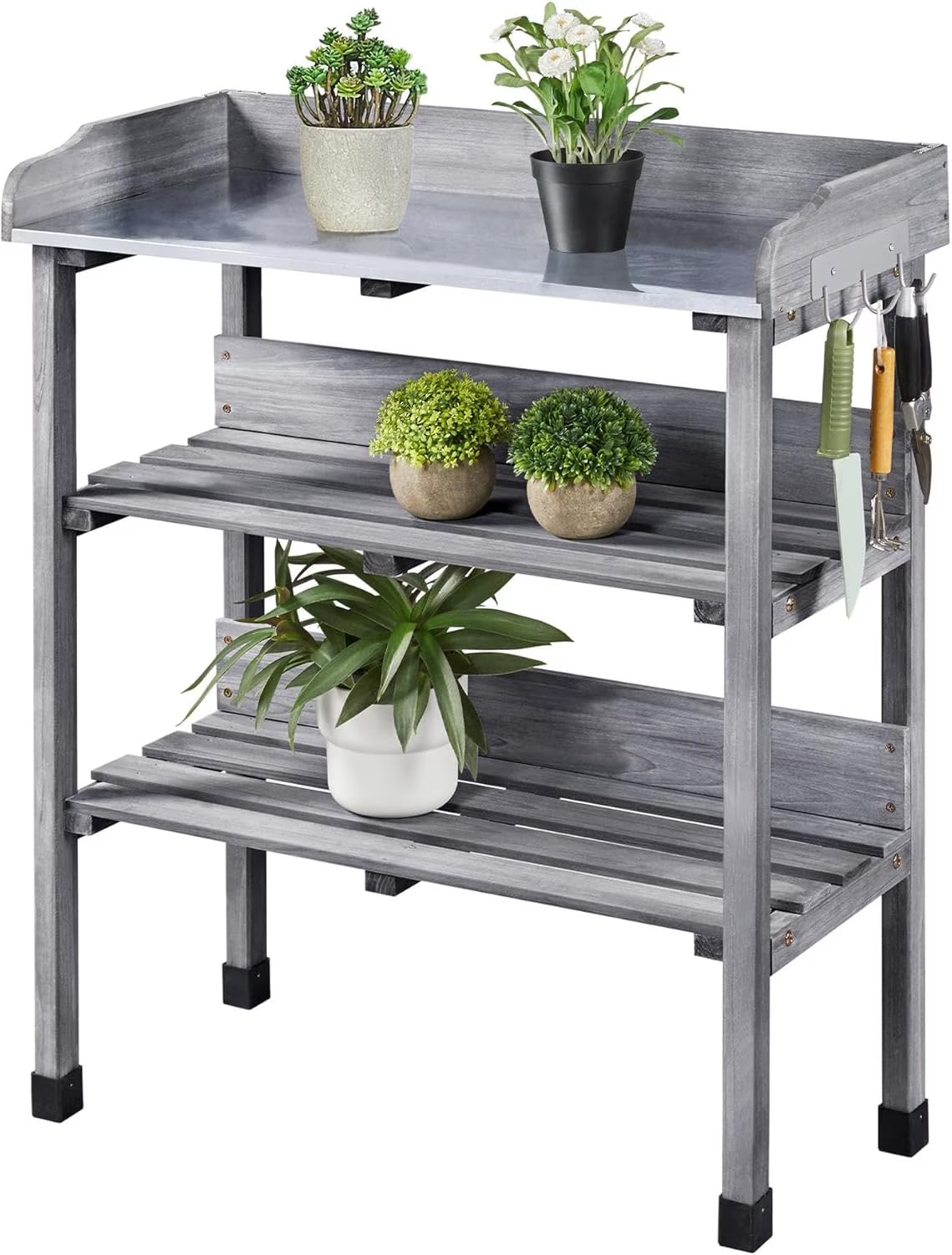 Garden Potting Table Horticulture Potting Bench w/Storage Shelf W/Metal Tabletop w/Hook 3 Shelves Workstation Work Benches Station, Gray