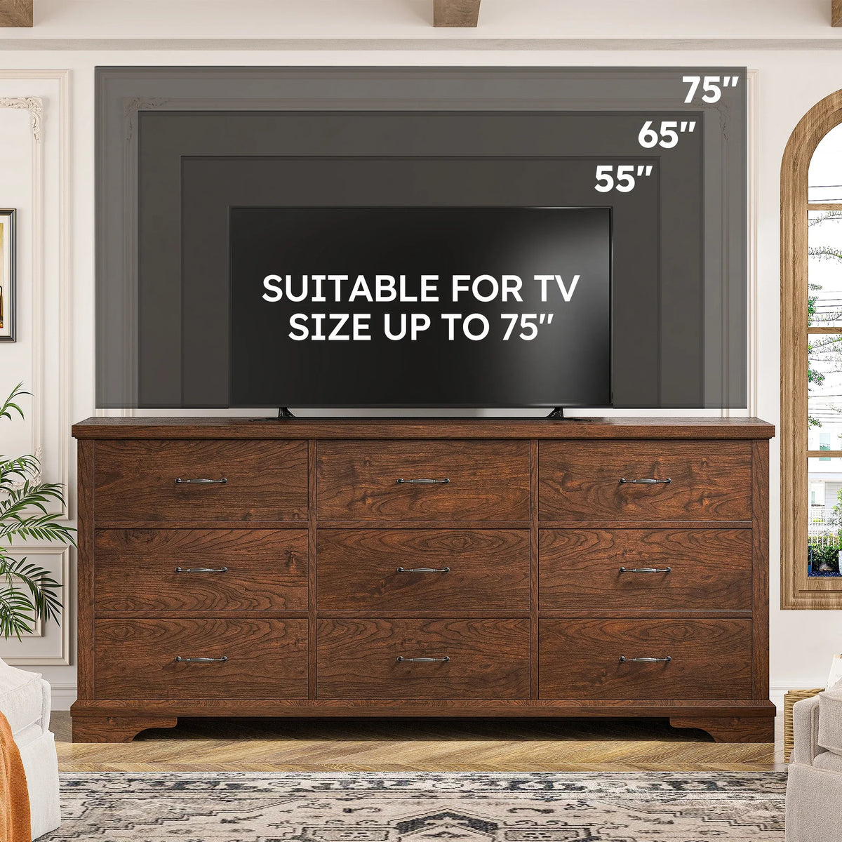 EnHomee Wood Dresser for Bedroom 9 Drawer Dressers&Chest of Drawers 63"L x 15.7"W x 31.5"H,Brown
