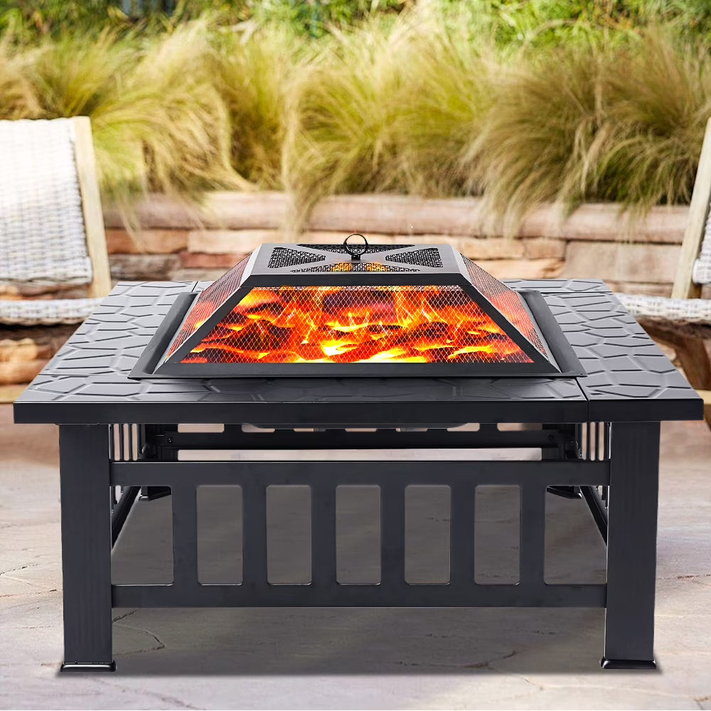 Wood Burning Fire Pits for Outside, 32" Square Iron Fire Pit Backyard Patio Garden Stove Wood Burning Fire Pit w/ Mesh Screen Lid, Wood Grate, Poker, Durable Fire Pit, Q5946