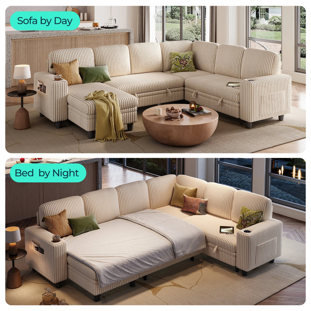 Linsy Home Storage Sectional Sleeper Sofa with Pull Out Bed, 9 Seat Modular Sectional Sofa with with USB & Cup Holder, Plush Corduroy Sectional Couches for Living Room, Green