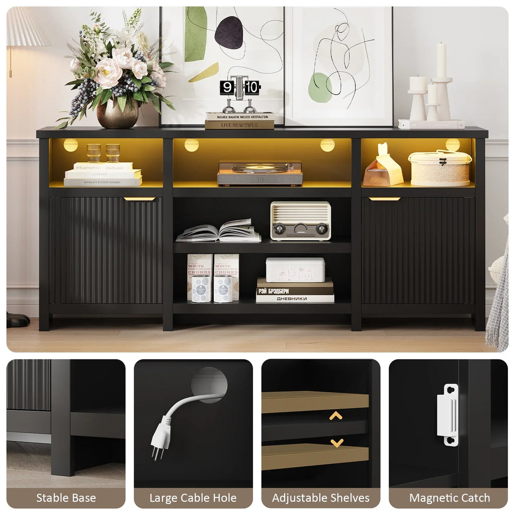 Planntonneo Mid-Century Modern Fluted TV Stand Wooden Media Console Entertainment Center for Living Room, Walnut Color
