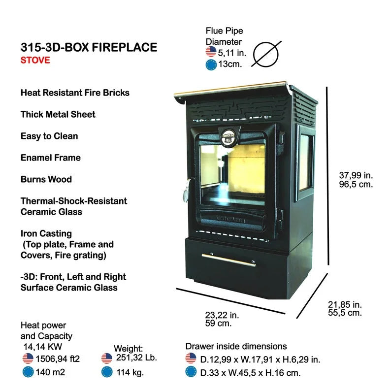 Northshire Stove 305-3D 100m2 Wood Burning Heat Efficient Mini Stove
