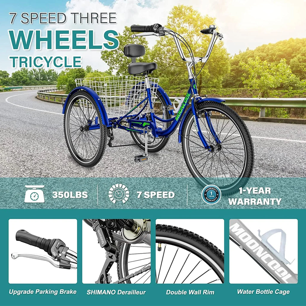 MOONCOOL Adult Tricycles with Rear Basket & Inflator, 24 26 inch 7 Speed 3 Wheel Bikes, Three-Wheeled Bicycles Adult Trike with Backrest for Seniors, Women, Men
