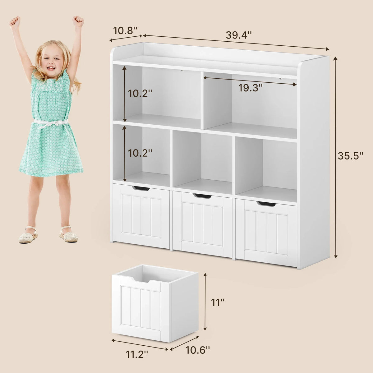 Toy Storage Organizer, Lofka Kids Bookcase with 3 Drawers & 6 Shelves for Nursery, Kids' Bedroom, White