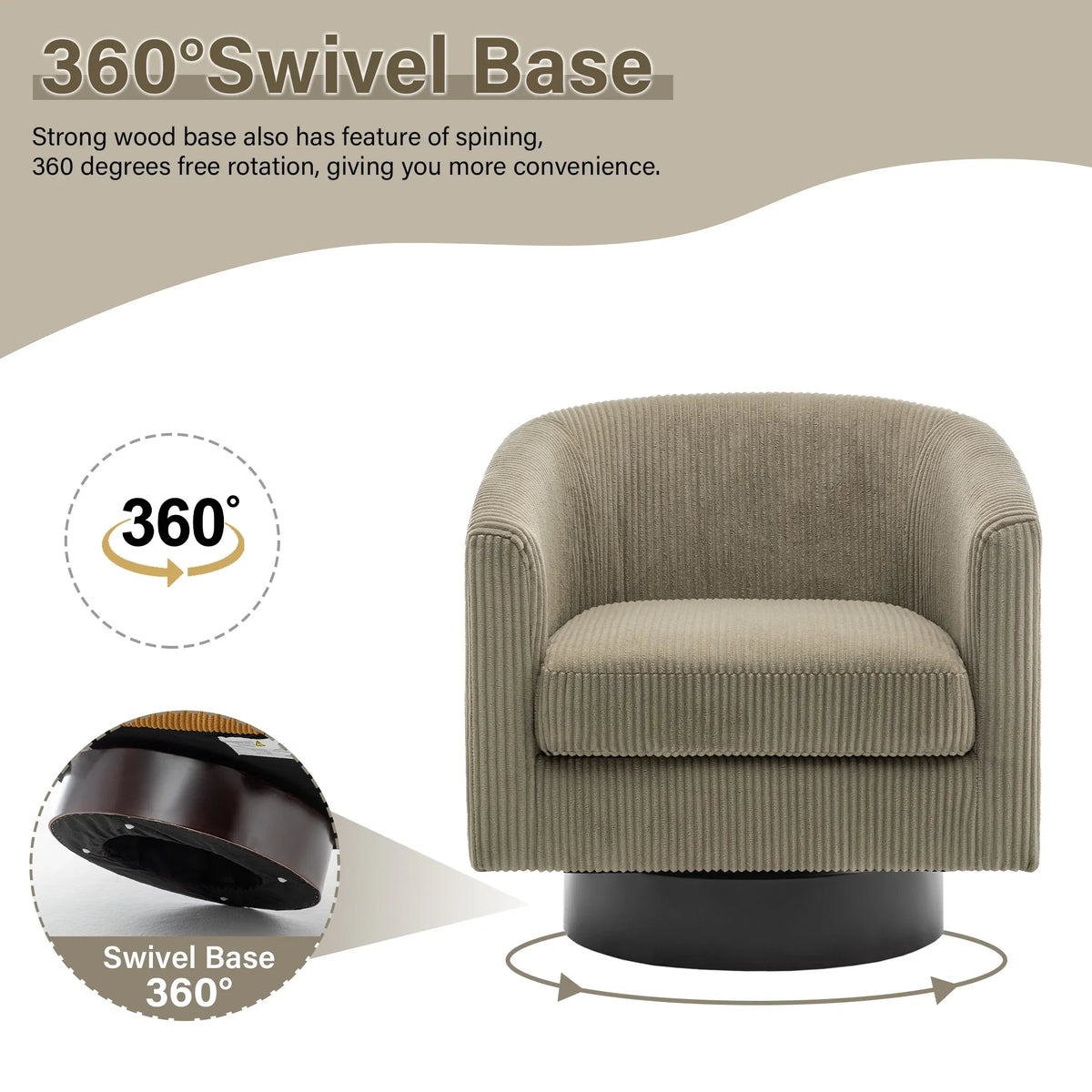 UIXE Swivel Accent Chair, Upholstered Fabric Barrel Chair for Living Room, Small Single Sofa Bedroom Reading Seat, Light Gray