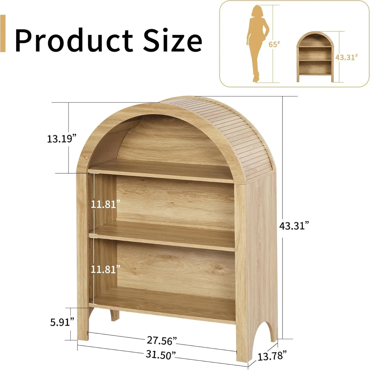 LEFHDA Small Kids Arched Bookshelf, Modern 3-Tier Open Bookshelf, Wood Freestanding Arched Bookcase with Adjustable Shelves, Covered Rounded Top Display Cabinet (Walnut)