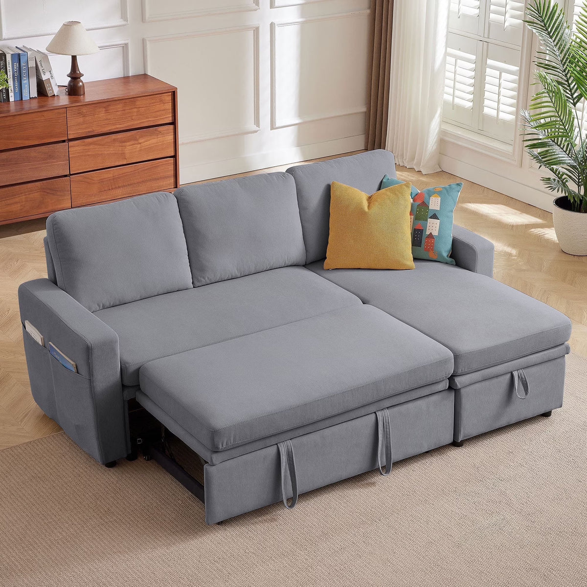 Pingliang Home Pull Out Sleeper Sofa Bed Sectional Sofa with Storage Chaise,L Shaped Sectionals Couches with Side Pockets,Modern Linen Reversible Sofa Couch for Living Room Apartment Office Studio