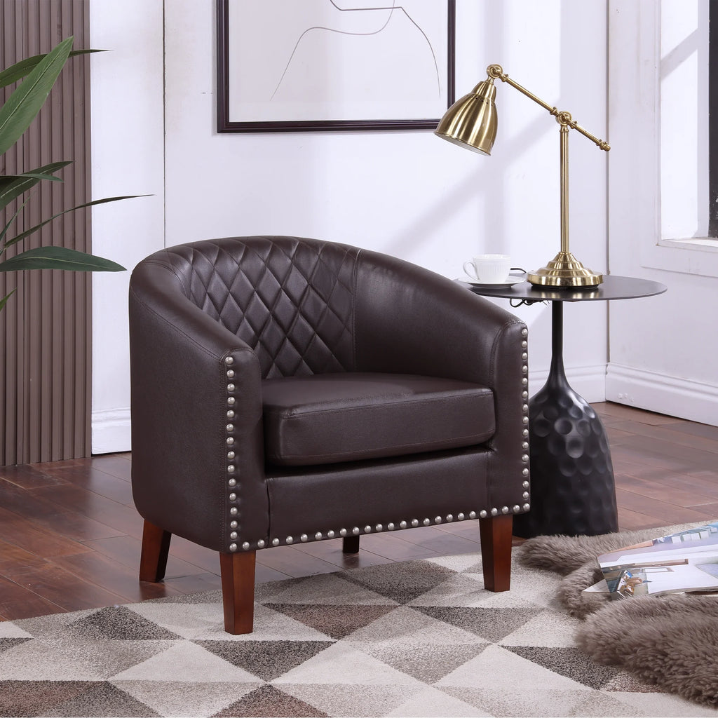 Barrel Accent Chair for living room, modern Leather Club Barrel Chair comfy Reading Armchair for Bedroom, Brown