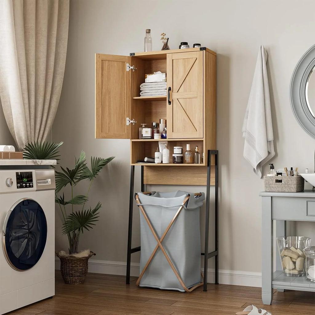 Vabches Over The Toilet Storage Cabinet, 68" H Farmhouse Freestanding Bathroom Storage Organizer with Double Doors & Storage Shelves