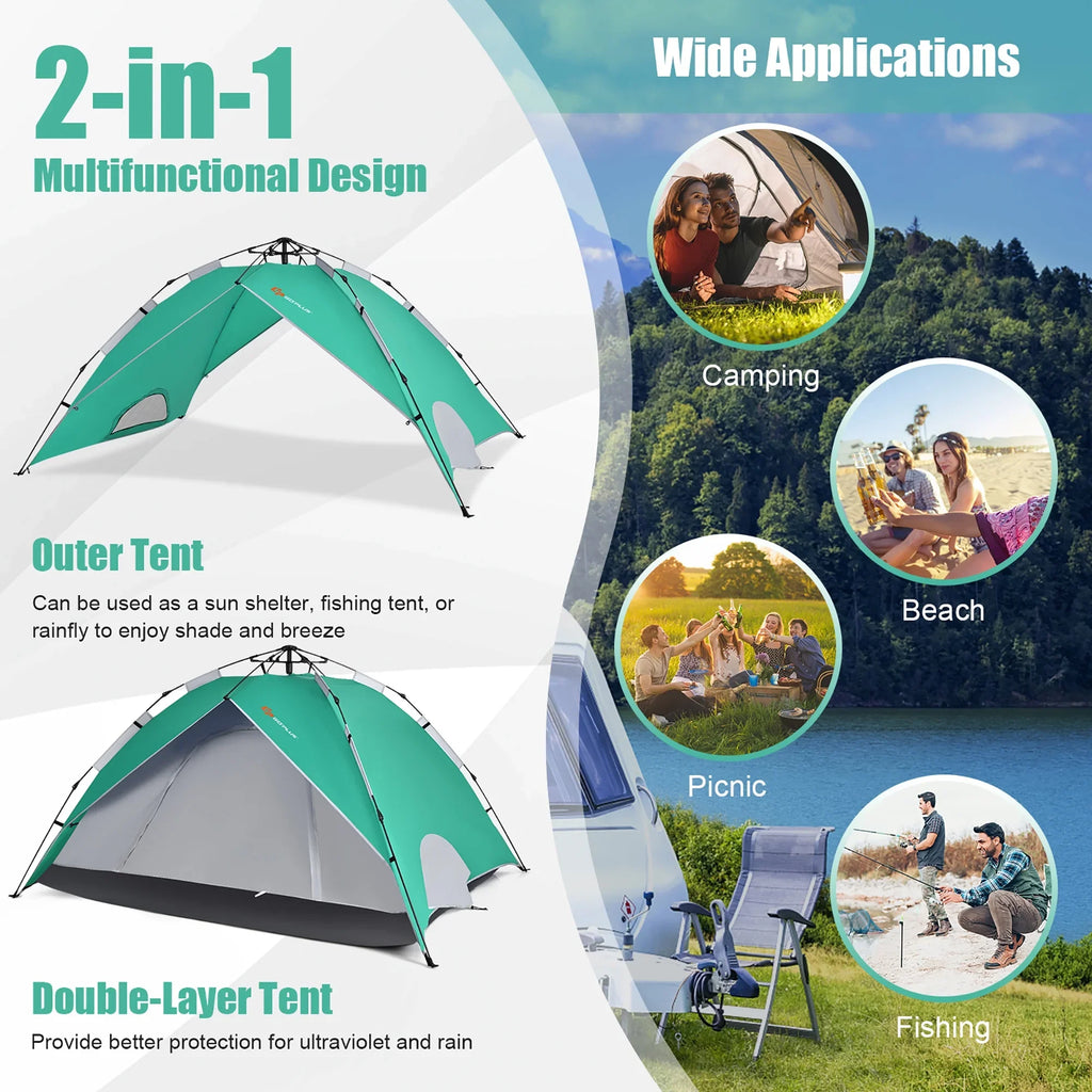Goplus 4 Person Instant Pop-up Camping Tent 2-in-1 Double-Layer Waterproof Tent Blue