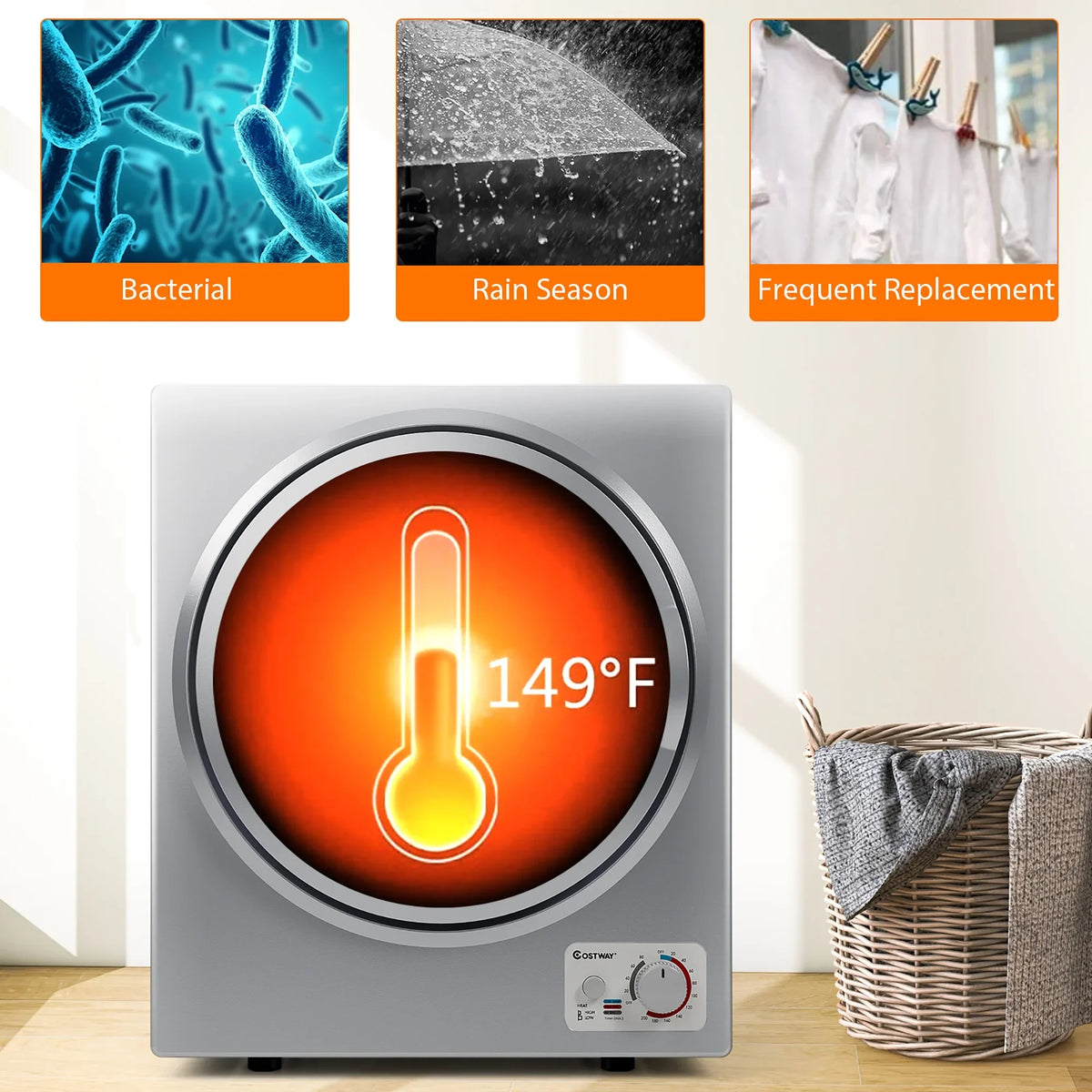 Costway Electric Tumble Compact Laundry Dryer Stainless Steel Wall Mounted 1.5 cu.ft.