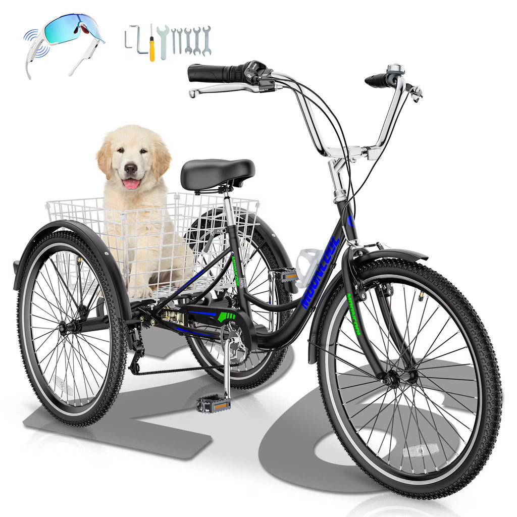 MOONCOOL Adult Tricycles with Rear Basket & Inflator, 24 26 inch 7 Speed 3 Wheel Bikes, Three-Wheeled Bicycles Adult Trike with Backrest for Seniors, Women, Men