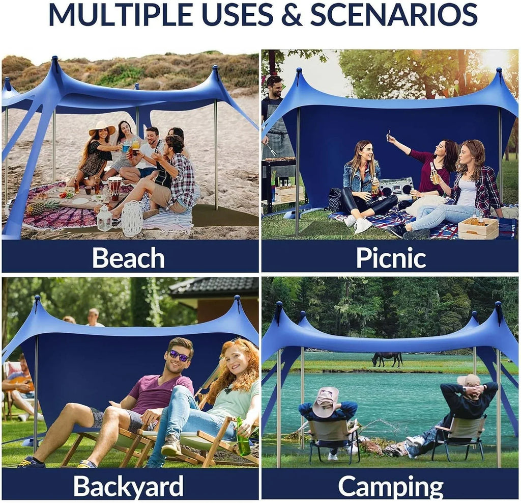 Beach Tent Canopy with 8 Sandbags 4 Aluminum Poles, Pop Up Portable Camping Sun Shelter, Easy Set Up with 2 Sand Shovel, Ground Pegs, Carrying Bag for Outdoor Beach,Picnic, Fishing