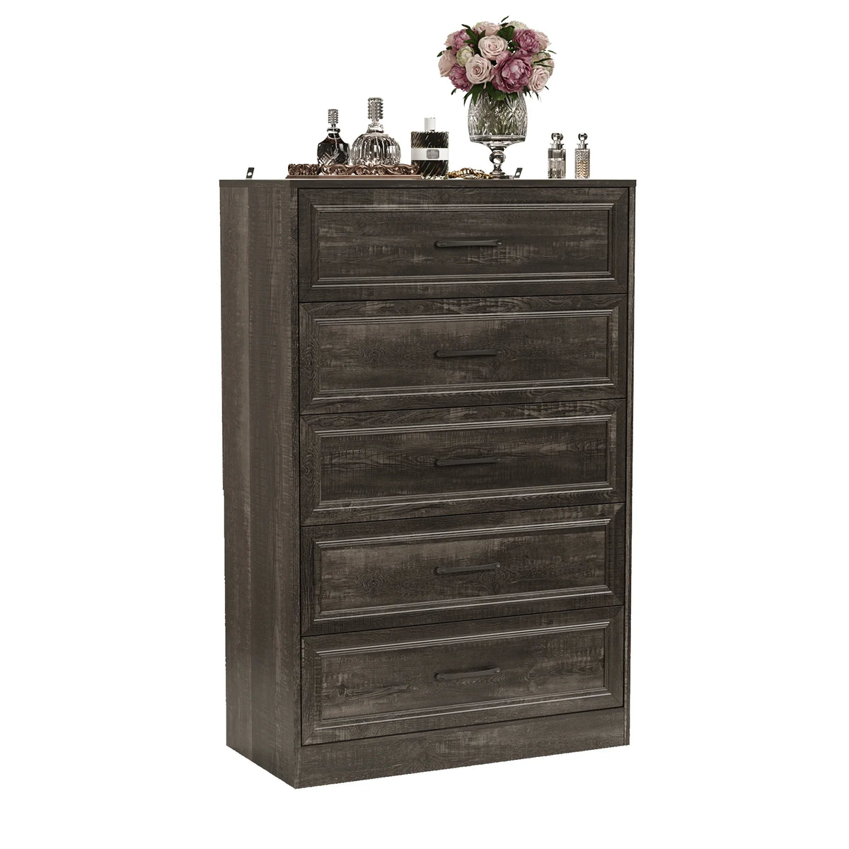 Vabches Farmhouse 5 Drawer Dresser with Metal Handle, Tall Wood Chest of Drawers for Living Room Bedroom,Dark Brown