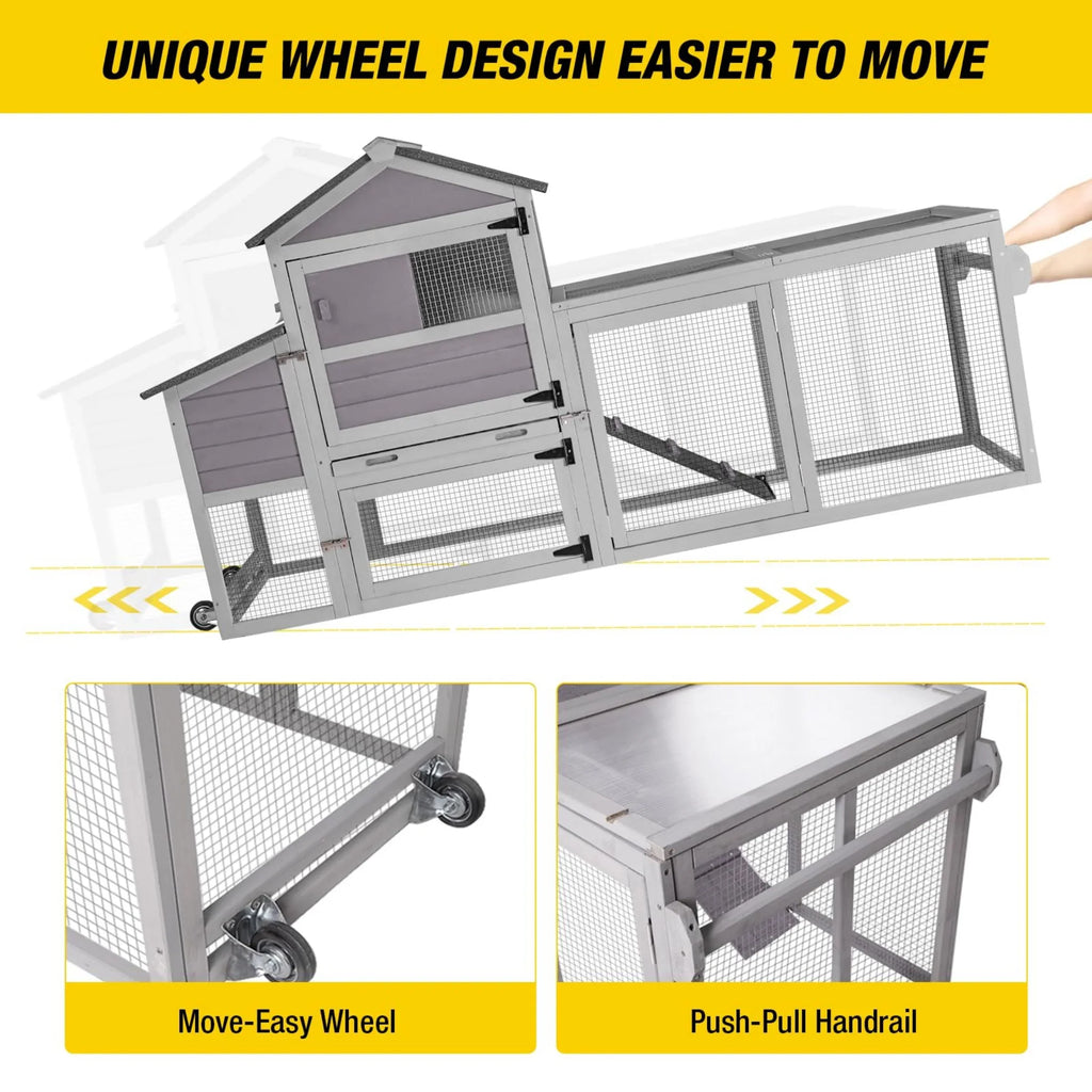 Aivituvin Mobile Chicken Coop with Wheels & Nesting Box for Outdoor, Expandable Wood Chicken House with Leakproof Pull-Out Tray and UV-Resistant Roof Panel, Gray