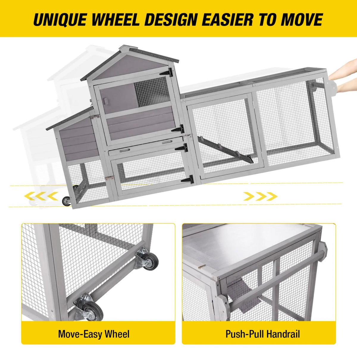 Aivituvin Mobile Chicken Coop with Wheels & Nesting Box for Outdoor, Expandable Wood Chicken House with Leakproof Pull-Out Tray and UV-Resistant Roof Panel, Gray