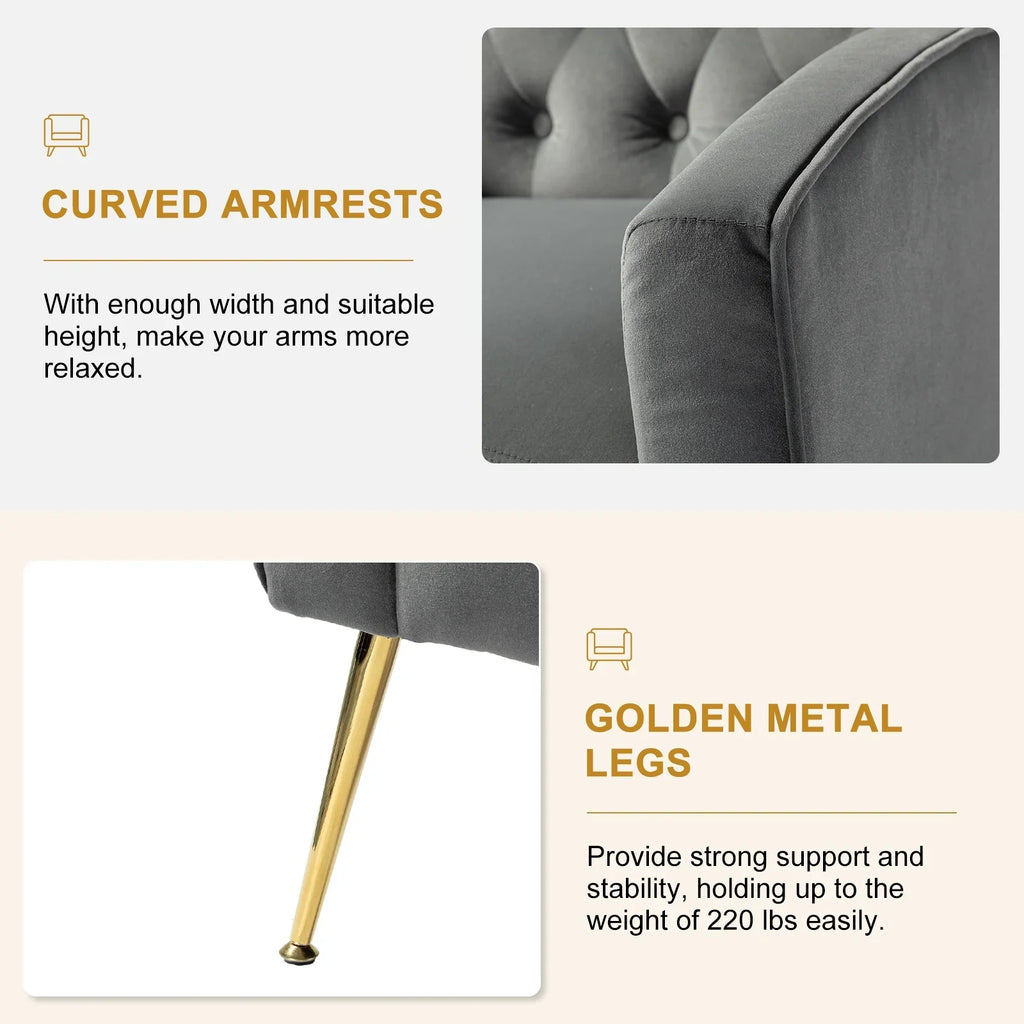 Modern Velvet Accent Chair Upholstered Sofa Armchair Button Tufted Metal Legs Adult Bedroom Home Living Room Grey