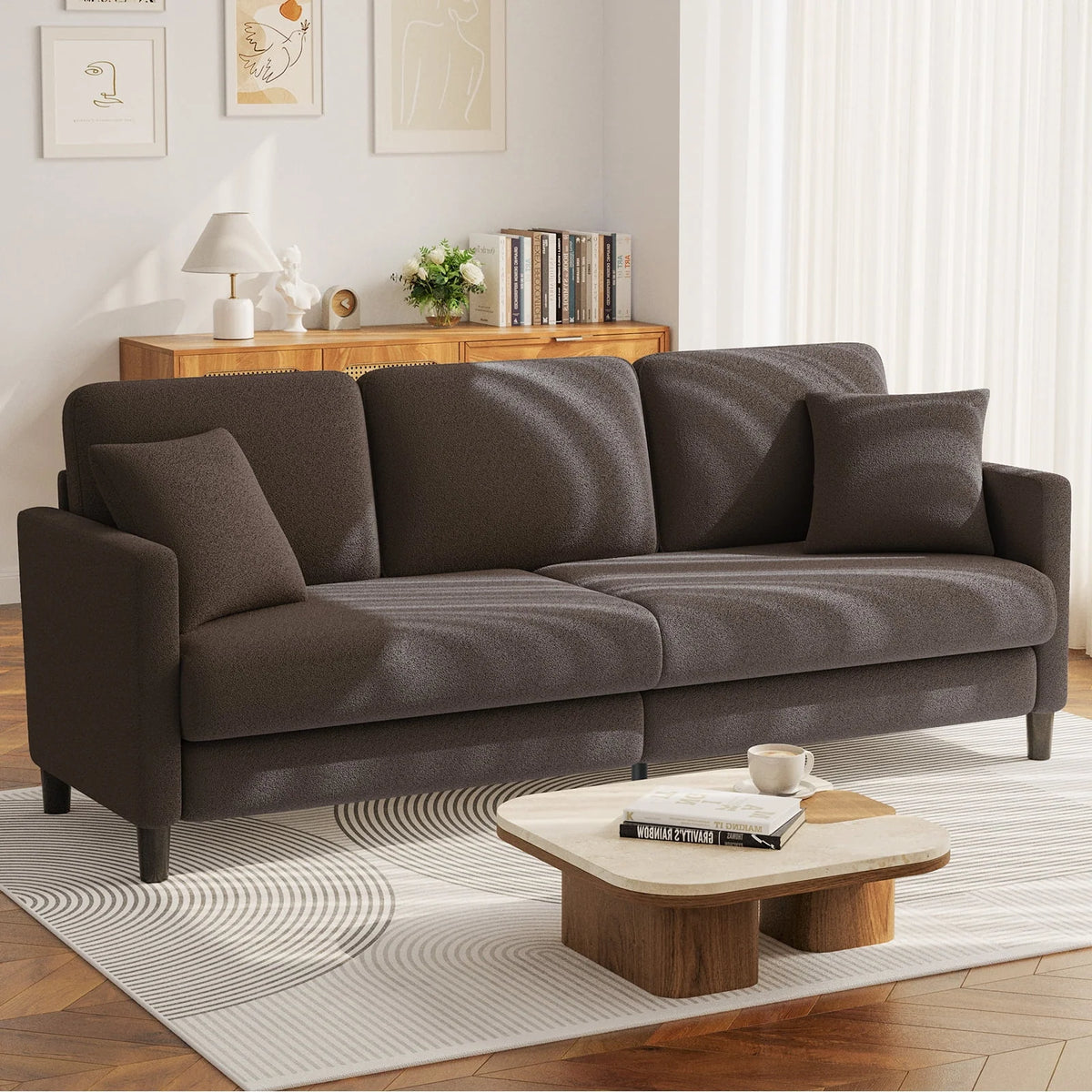 83" Comfortable Upholstered Sofa, 3 Seater Couch for Living Room, Neche Big Loveseat with Extra Deep Seats, 2 Pillows, Beige White