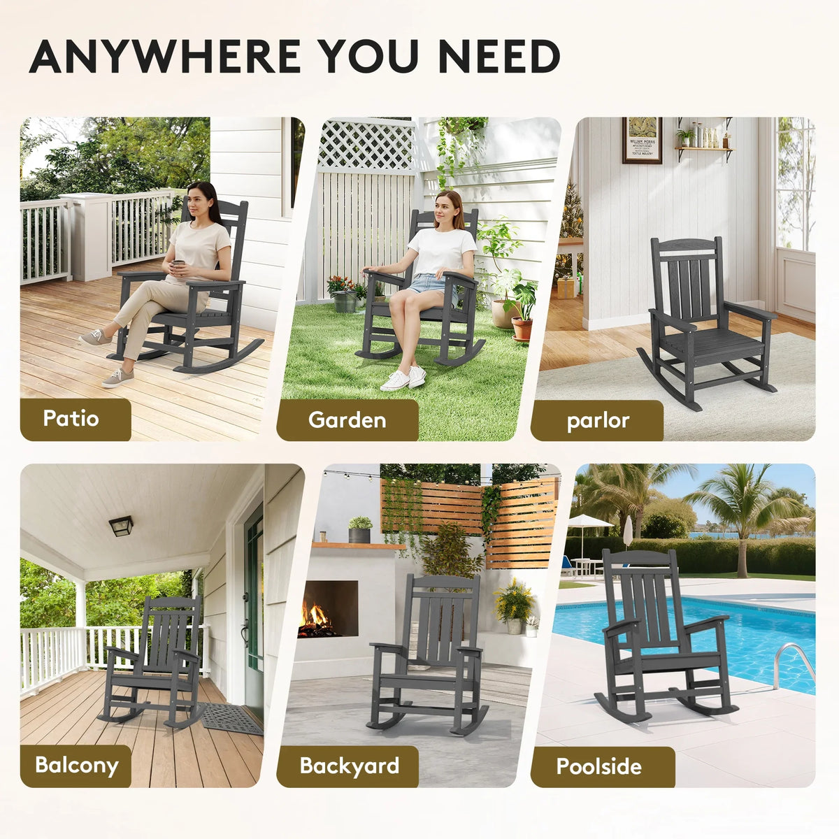 KINGYES HDPE Outdoor Rocking Chairs Set of 2,HDPE Patio Rocker for Porch,Black