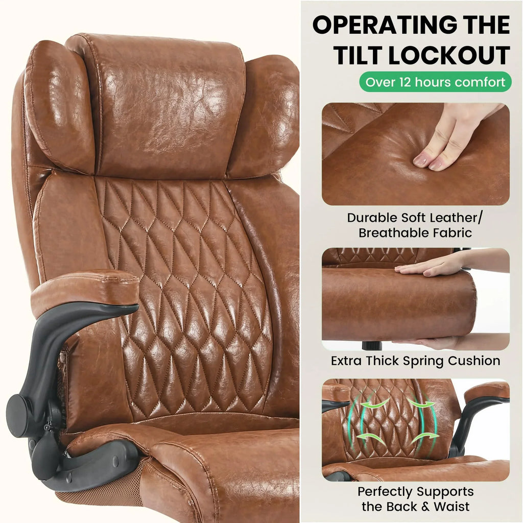 Ninecer 500lbs Big and Tall Office Chair with Inflatable Lumbar Support, Ergonomic Executive Desk Chair with Extra Wide Seat, Adjustable Height Computer Chair, Heavy Duty Leather Office Chair, Black