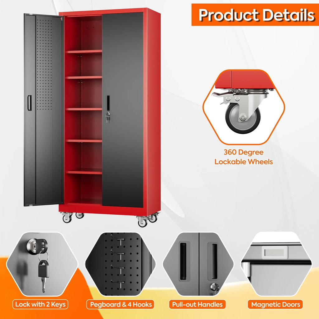 GangMei 71 inches Tall Metal Rolling Garage Storage Cabinets with Locking Doors and 5 Adjustable Shelves, Metal Storage Cabinet for Garage, Office, Home, Classroom, Assemble Required(Black)