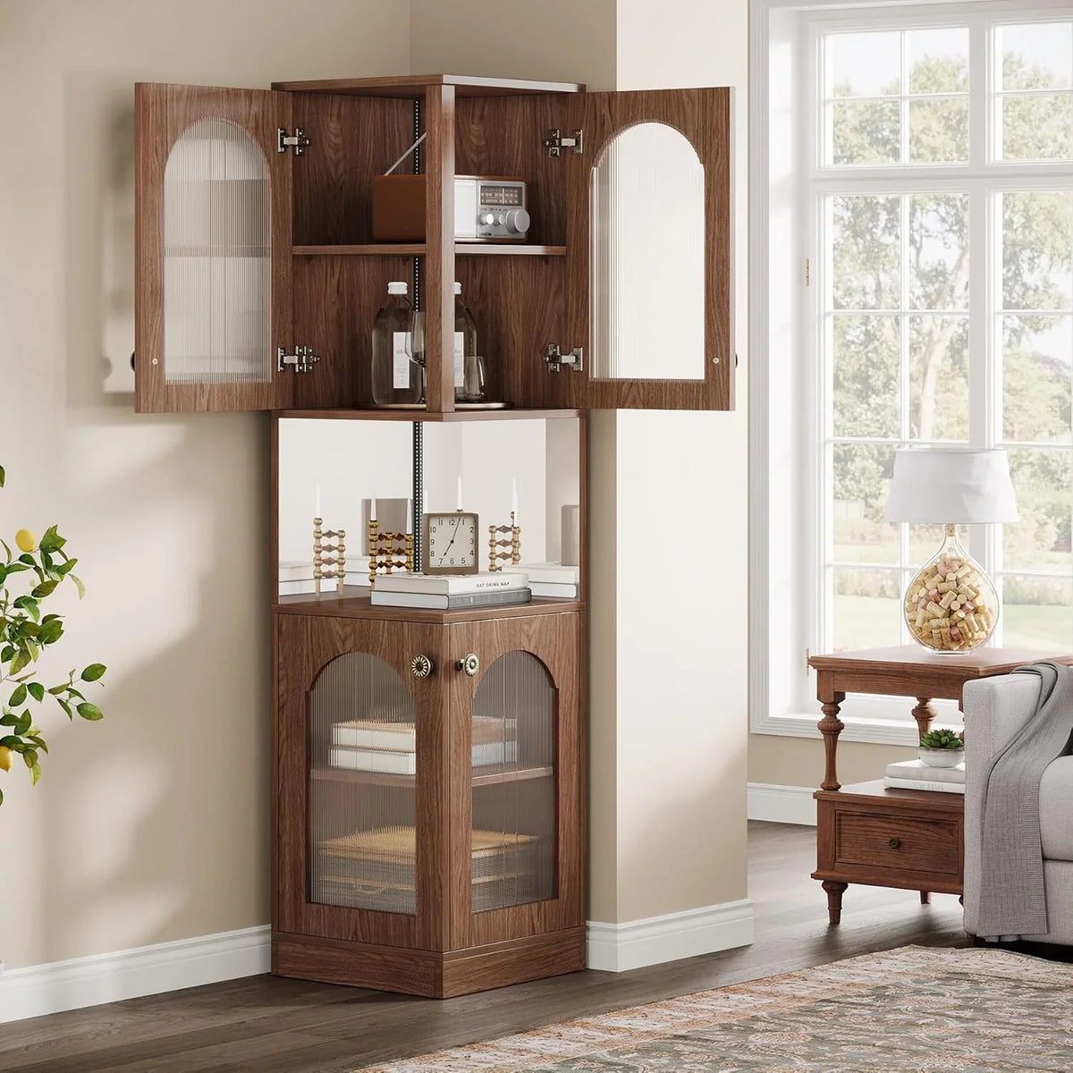 Tribesigns 78.7" Tall Corner Cabinet with LED Light, 5-Tier Corner Storage Cabinet with Doors and Mirrors for Living Room Kitchen Bedroom, Brown