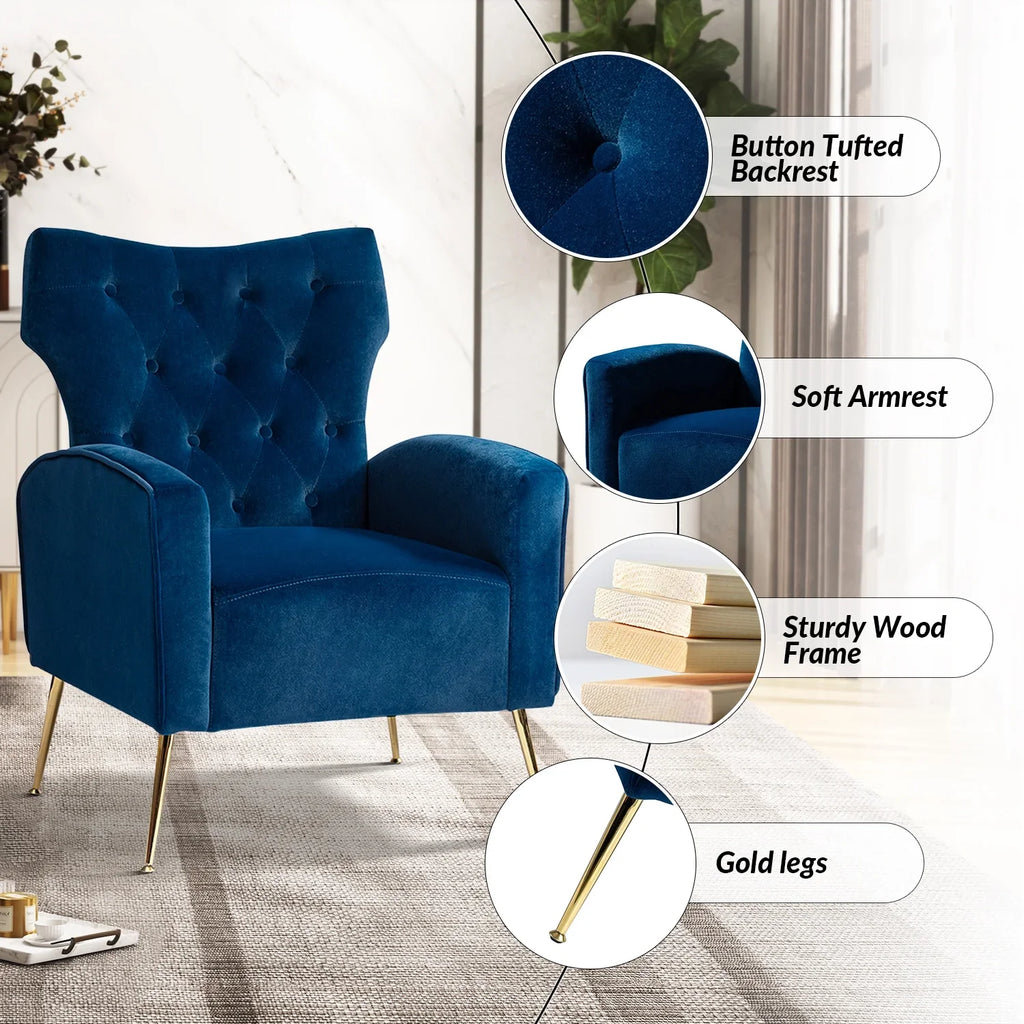 Modern Velvet Accent Chair Upholstered Sofa Armchair Button Tufted Metal Legs Adult Bedroom Home Living Room Grey