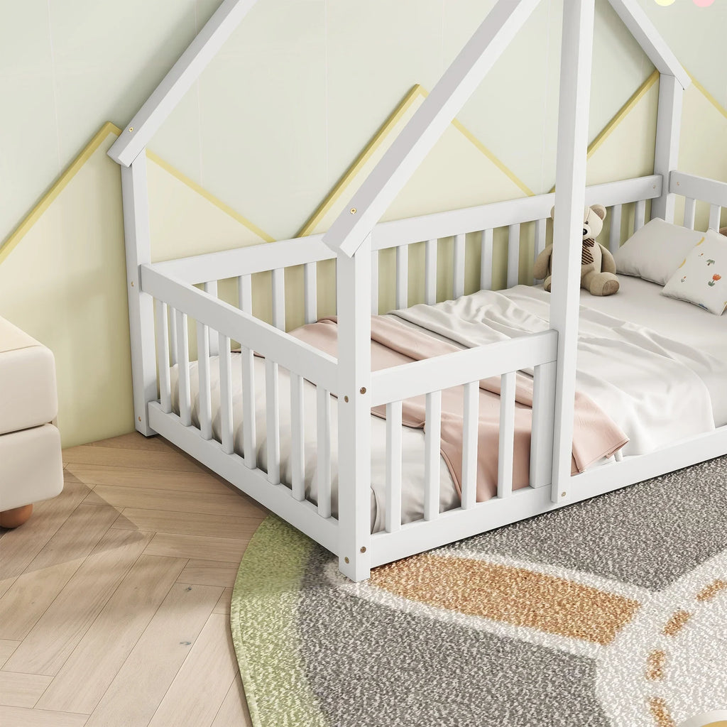 Bellemave Twin Size Floor Bed Frame, Wooden House Bed Twin Size with Fence, Montessori Bed with Guardrails for Bedroom (White)