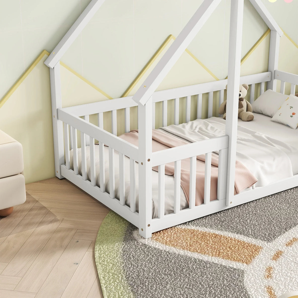 Bellemave Twin Size Floor Bed Frame, Wooden House Bed Twin Size with Fence, Montessori Bed with Guardrails for Bedroom (White)