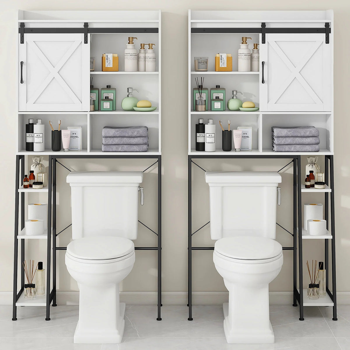 Vabches Over The Toilet Storage Cabinet with Sliding Door and Integrated Toilet Paper Holder, Ideal for Bathrooms, Restrooms, and Laundry Rooms.