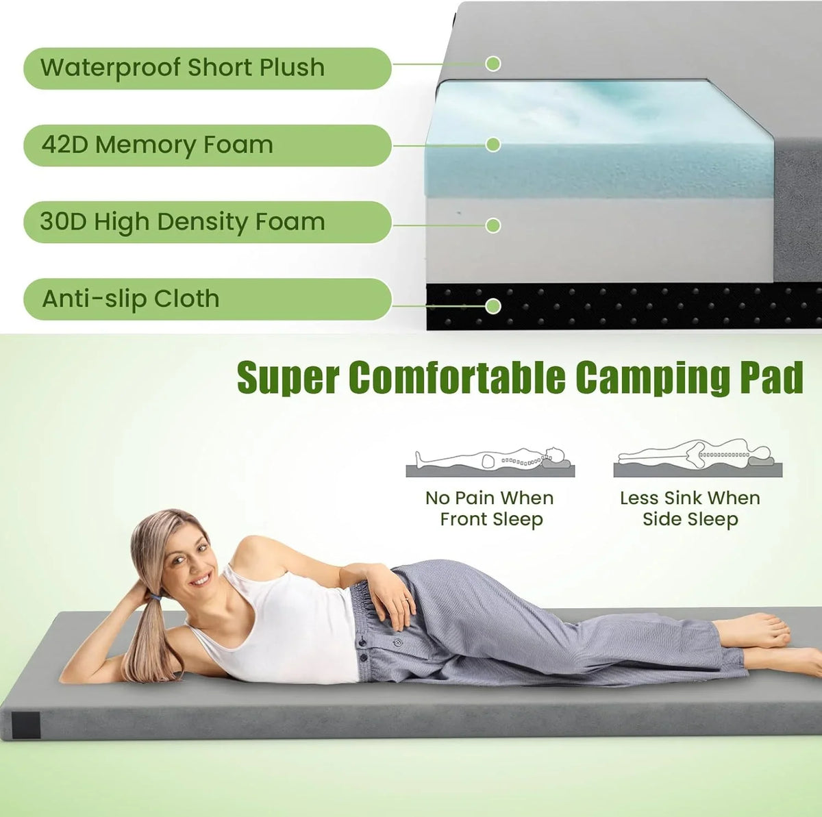 MarketLane Memory Foam Sleeping Pad, Roll Up Floor Mattress with Carry Bag, Non-Slip Bottom, Guest Floor Folding Bed for Sleepover, Portable Camping Mattress for Indoor Outdoor Travel Cot Tent，Grey