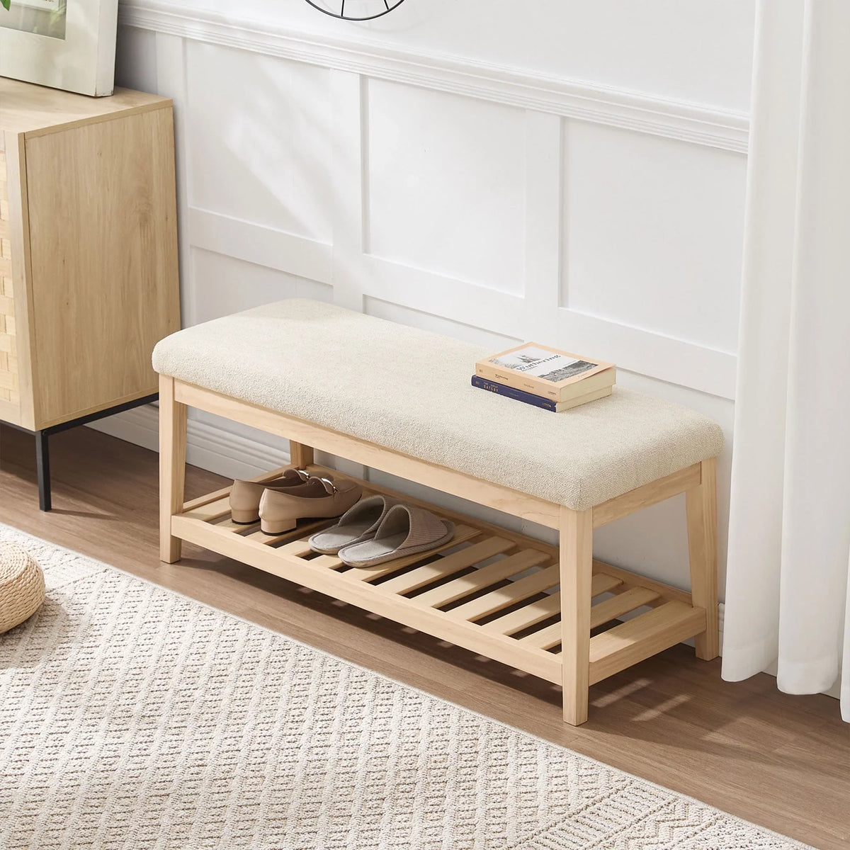 Zesthouse 42.9�?Shoe Bench with Storage, Entryway Bench for Living Room, Bedroom and Hallway, Linen Fabric Upholstered Bench with Solid Wood Shelf, Gray