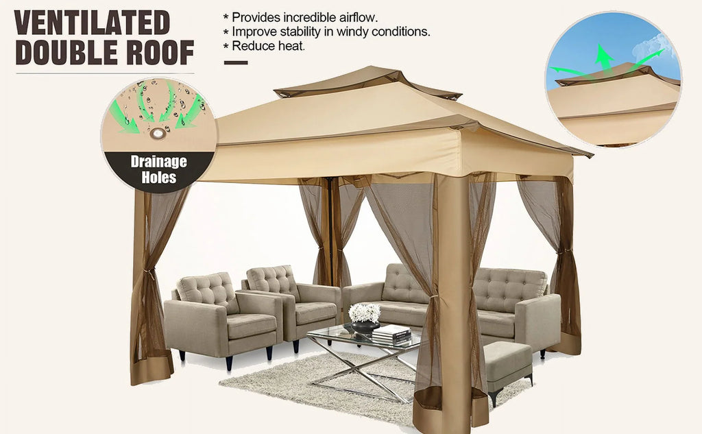HOTEEL 12x12 Outdoor Pop-up Gazebo Canopy with Mosquito Netting 2-Tiered Vented Top 3 Adjustable Height for Backyard, Garden, Lawn,Light Grey