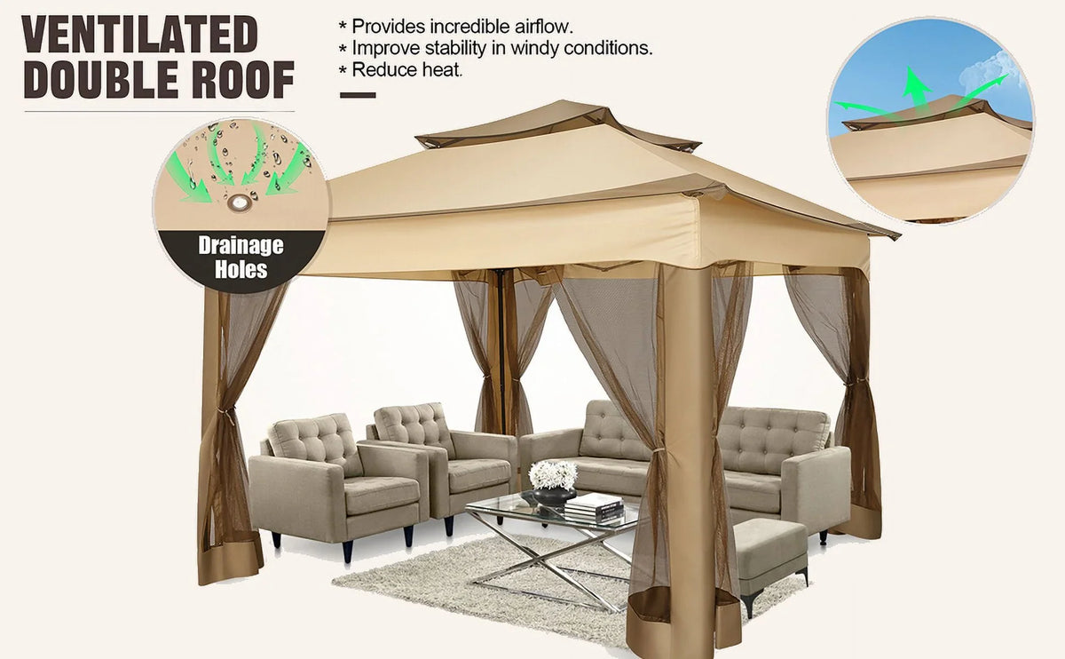 HOTEEL 12x12 Outdoor Pop-up Gazebo Canopy with Mosquito Netting 2-Tiered Vented Top 3 Adjustable Height for Backyard, Garden, Lawn,Light Grey