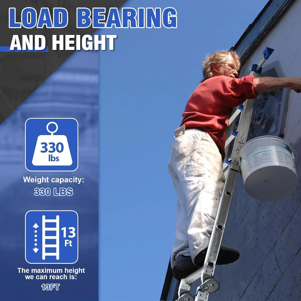 HBTower Ladder, A Frame 4 Step Extension Ladder, 14 Ft Multi Position Ladder with Removable Tool Tray and Stabilizer Bar, 330 lbs Capacity Telescoping Ladder for Household and Outdoor Work