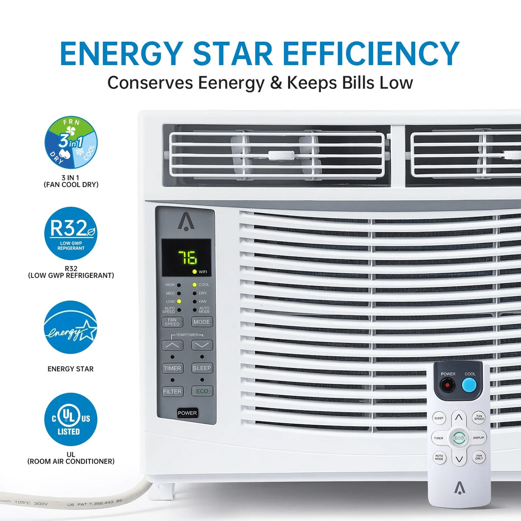 Window AC Unit 6000 BTU, Efficient Cooling Window Air Conditioner with Remote and App Control, Window-Mounted Room Air Conditioner for Rooms up to 250 Sq.ft, 3 Fan Speeds, Easy Install Kits