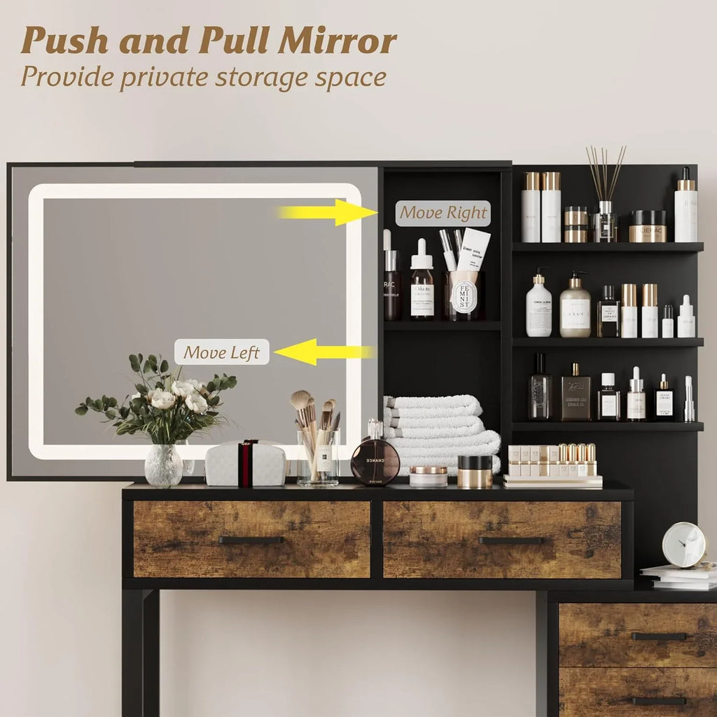Vanity Desk with Adjustable LED Lighted Sliding Mirror,Makeup Vanity with 5 Drawers&Open Shelves for Bedroom