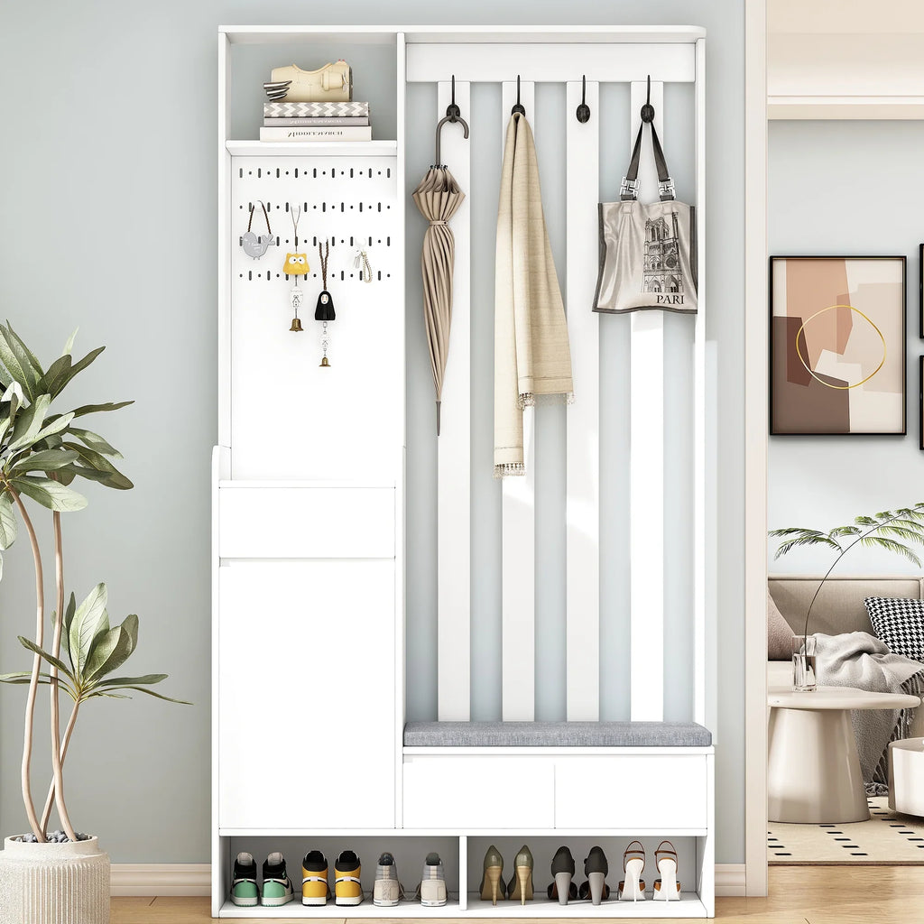 Harper & Bright Designs Farmhouse Hall Tree with Bench and Shoe Storage, Mudroom Bench with Coat Rack and Adjustable Shelves for Hallway, Living Room, White