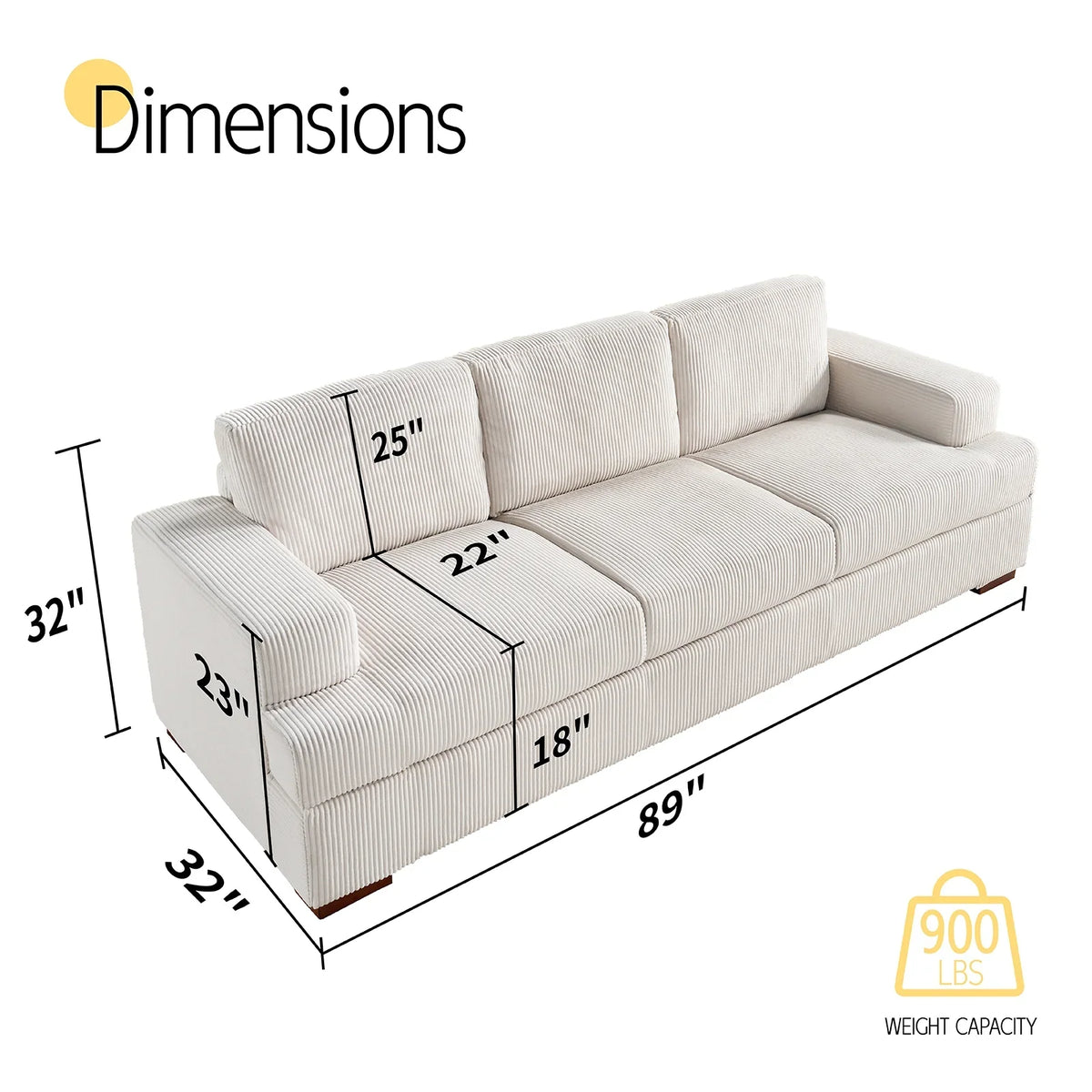 VANACC 89in Couch, Comfy Sofa with Wood Legs, 3 Seater Modern Sofa- Deep Seat Couches for Living Room, White Corduroy