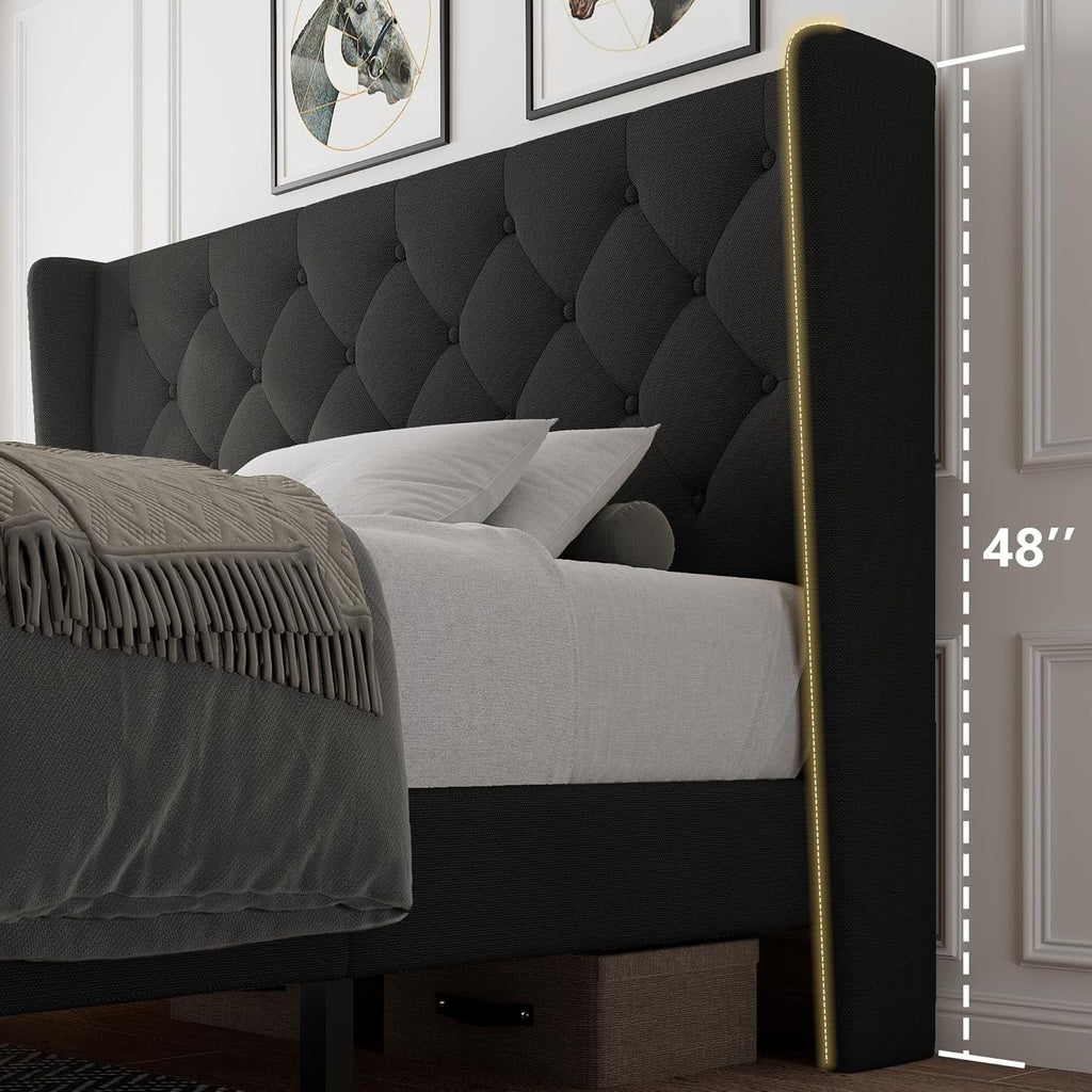 iPormis Full Size Bed Frame with Diamond Button Tufted Wingback Headboard, Upholstered Platform Bed Frame with Strong Wood Slat Support, No Box Spring Needed,Black
